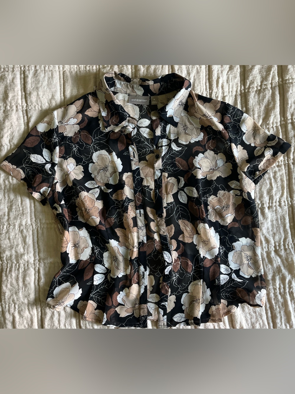 Floral Button-Front Women's Top - Black with Cream & Brown Blooms